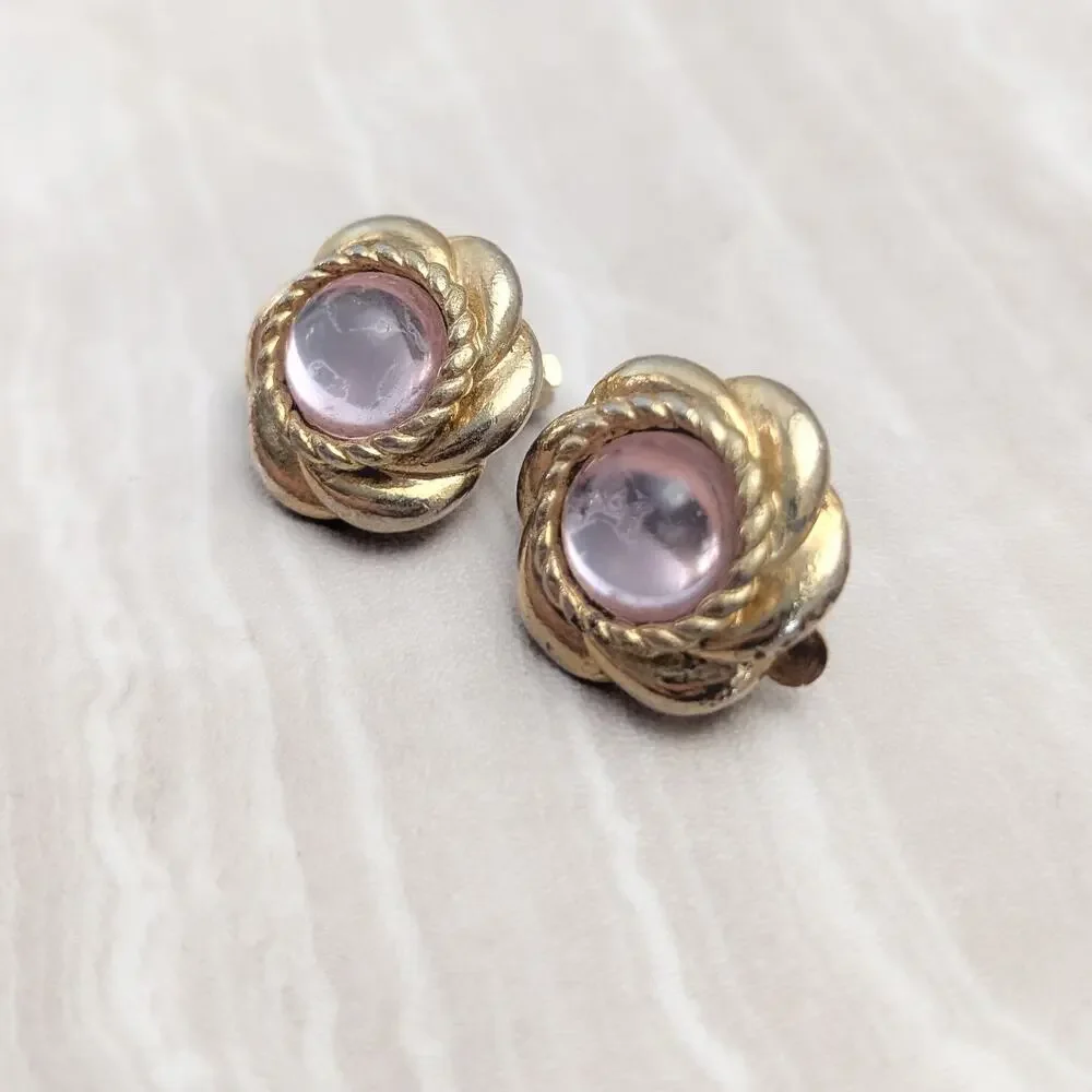 Vintage Clip On Earrings Gold Tone Flower Halo with Pink Cabochon Center